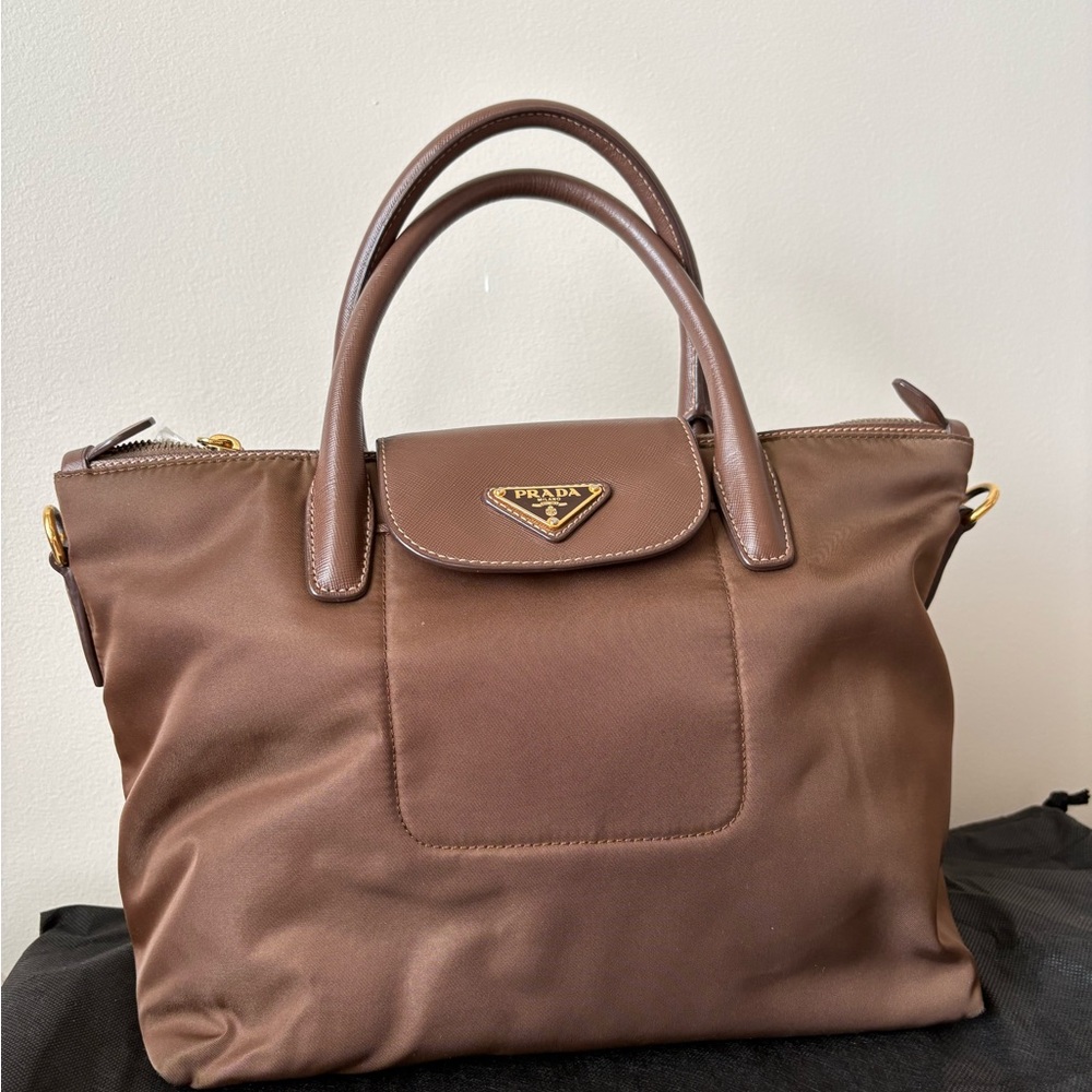 Prada Chocolate Brown Nylon Tote with Leather Trim -missing strap